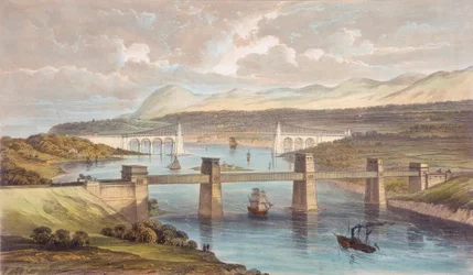 ブリタニア管状橋、メナイ海峡、ウェールズ、c1850