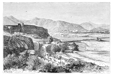 Attockの城塞とパキスタンのインダスに架かる船の橋、1895年
