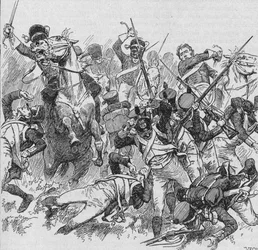 竜騎兵は先に進み、きらびやかな長い剣で剣を振るう、1902