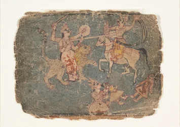 敵を倒す女神ドゥルガー、分散したマルカンデーヤ・プラーナのページ...、1650-60。
