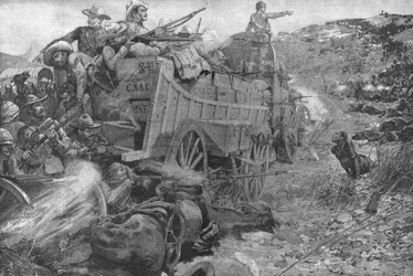 1893年のマタベレ戦争：1901年11月1日、インベンベジ川のワゴン族の襲撃者。