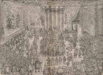ヴォルフガの結婚式を描いたシリーズからの王室の食事「Fürstliche Mahlzeit」、1614 年。