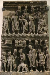 ヴィクトリア・アンド・アルバート博物館。仏陀の命が狙われていることを示すレリーフ。100-200.片岩。ガンダーラ/パキスタン北西部。イギリス