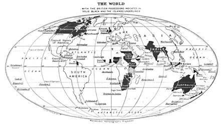 黒一色で示されたイギリスの所有と下線が引かれた島々のある世界、1924年