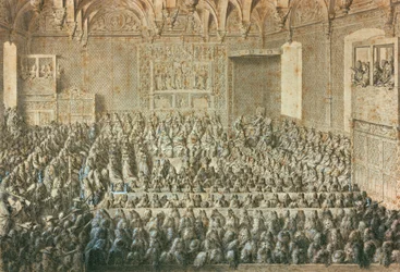 ソルボンヌ議会でヘンリー3世が1589年1月に解任を宣言。カルナヴァレ博物館、パリ