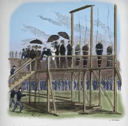 3人の男性と1人の女性がリンカーンの暗殺のために絞首刑になりました、c1865、1938