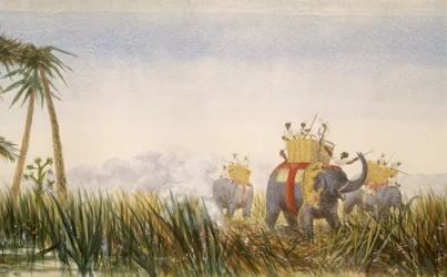 ロンドンから香港へのパノラマの一部である象を攻撃するトラ