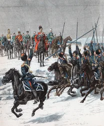 1904-5年の日露戦争、コサックを概観するニコラス皇帝