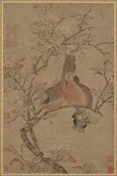 開花枝に 2 羽の鳩、14 ～ 15 世紀。