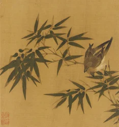 竹の枝で揺れる 2 羽の鳥、清王朝、18 世紀。
