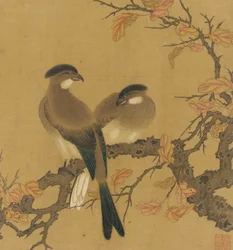 枝に 2 羽の紋付きの鳥、紅葉、清王朝、18 世紀。