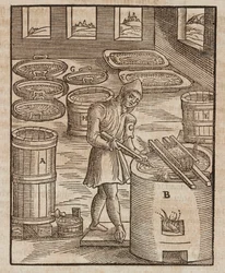 火薬や肉の保存に使われるサルペトルをテストする男性 - Lazarus Eckerの「Description des minerais et des principales methodes d