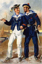 V: Seamen.ミリタリー・アルファベット」のエングレーヴィング。絵師のイニシャル。A. D. 出版社は不明。19世紀末のクロモリトグラフ。寸法：10,5x7cm .