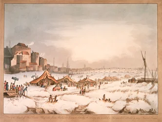 1814 年、ロンドンのスリー クレーンズ ワーフの凍ったテムズ川の眺め