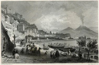 19世紀、フランスのジャーナリストであり旅行家でもあったルイ・エノー(1824-1900)の地中海に関する本に掲載されたナポリの港と街の風景。