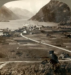 1905年、ノルウェーの狭い山壁に囲まれたソルフィヨルドの北、オッデの村の屋根と日当たりの良い畑。