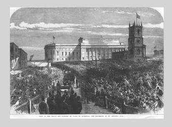 ウェールズの王子と王女のリバプール訪問。セントジョージホールへの行列、1865年