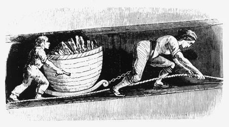 3〜4 cwtの石炭が含まれるカーブを描く女性と少年、ボルトン、ランカシャー、1848