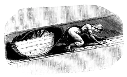 サウスウェールズの狭い縫い目に沿って石炭のそりを引きずる女性パター、c1848