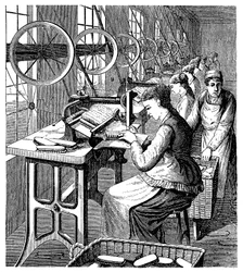 Woodburysマシンを使用してブラシで毛を固定している女性、19世紀後半