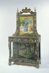 19世紀半ばの中国の輸出黒漆塗りと小包の金箔のホールスタンド