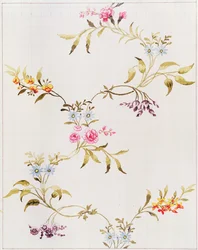 スピタルフィールズで織られるシルク素材のカーネーションとバラの花のデザイン、Anna Maria Garthwaite（1690-1763）、1744（紙にWC、転写用に四角）