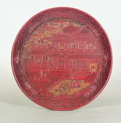 「唐王子の蘭館、1489年を描いた彫刻が施された漆皿