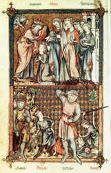 Lat 1023 f.7v David and Goliath with Saul with Le Bel de Breviare