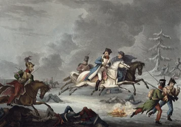 ウィリアム・ヒースによるクラスノイの戦いからのボナパルトの飛行、1815年4月1日公開（カラーアクアチント）
