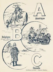 A B C : アメリカ、ベルギー、カナダ、二つの世界のABC。1900年頃、パリで出版されたエミール・ゲランの作品。寸法 : 27,5 x 21,5 cm