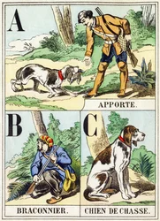 A B C: Bring, Poacher, Hunting Dog - The Hunting Alphabet, c.1890 (carving)