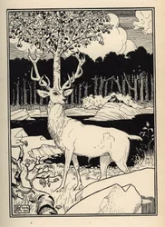ミュンヒハウゼン男爵のさくらんぼの槍の石に触れた鹿の頭の上にあるさくらんぼの木 Rudolf Erich Raspe (1736-)の「ミュンヒハウゼン男爵の冒険」から、William Strang (1859-1921)とJB Clarkがイラストを描いています。