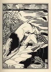 ミュンヒハウゼン男爵を襲おうとしたライオンの行き着く先は、ワニだった。Rudolf Erich Raspe（1736-1794）の「ミュンヒハウゼン男爵（ミュンヒハウゼン）の冒険」（1789年）からWilliam Strang（1859-1921）とJB Clarkが描いたイラスト