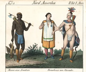 刺青を入れたアケイディア人の男性とカナダ先住民のインディアンのカップル。本のためのリトグラフ：Friedrich Wilhelm Goedsche (1785-1863)作 "Galerie complete en tableaux fideles des peuples d
