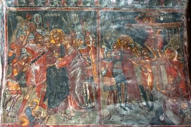 古代のフレスコ画、壁画、ユダの口づけ、イエスの磔刑、パナギア・ソティラス教会、ギリシャ正教会、ルースティカ、クレタ島、ギリシャ、ヨーロッパ