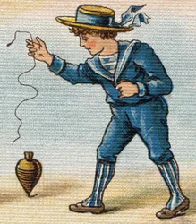 頂上で遊ぶ少年。Alphabet de ma petite fille "に掲載されたエングレーヴィング。Bernardin-Bechet and Fils, bookseller-publishers, Paris, around 1895.キャンバス地の割れないアルバム。Bibliotheque des Bebes.12ページ。読書法とイラストの入ったアルバム