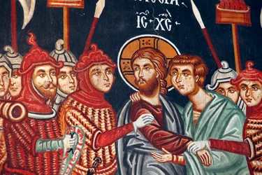 15世紀のビザンチン様式のフレスコ画 ユダの裏切りとイエスの逮捕 Michael Archangel Church in Pedoulas Cyprus 描かれた教会 UNESCO site Troodos, Cyprus