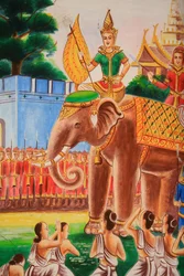 仏陀の生涯を描いた天井画。ワット・シー・ソウ・マン・カラム寺院。ヴィエンヴァン。ラオス、20151102、ヴィエンヴァン、ラオス