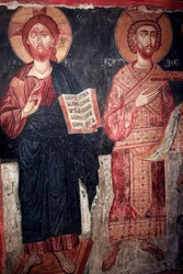 Christ with Saint Constantine Timios Stavros tou Agiasmati church, Holy cross of Agiasmati 15th century Cyprus Painted churches UNESCO site Troodos, Cyprus