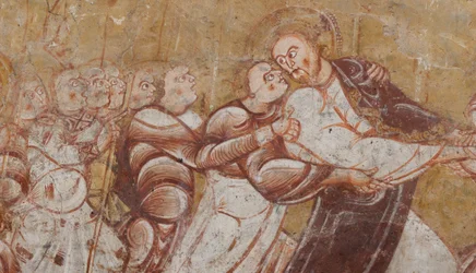 教会（Église Saint-Martin）。内部の様子。壁画（フレスコ画）。聖歌隊の北壁。詳細。キリストの逮捕。12世紀の作品。