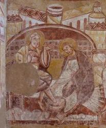 教会（Église Saint-Martin）。内部の様子。壁画（フレスコ画）。聖歌隊の北壁。詳細。足の洗浄。12世紀。