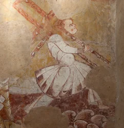 教会（Église Saint-Martin）。内部の様子。壁画（フレスコ画）。聖歌隊の北壁。詳細。十字架を持つキレネのシモン。12世紀の作品。