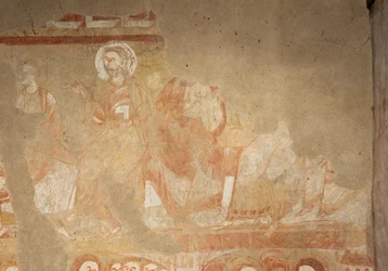 教会（Église Saint-Martin）。内部の様子。壁画（フレスコ画）。身廊の西壁。詳細。使徒たち。12世紀。
