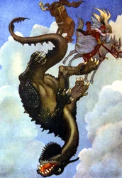 ドラゴンと戦うカップル 1910年頃（イラスト）