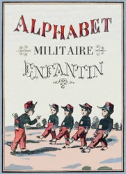 子供用ミリタリー・アルファベット」の表紙。1890年頃のポン・ア・ムソンをイメージしています。20ページ。寸法：28,5x21cm