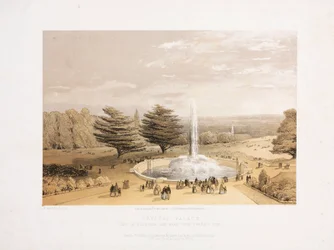 大博覧会後のクリスタル・パレス クリスタル・パレスのテラス・ステップから見た噴水と公園、1855年頃
