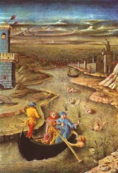 神曲シャロンに担がれたダンテとバージル、呪われたフィリッポ・アルジェンティと出会う（ミニチュア）