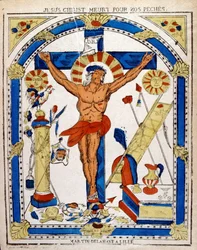 十字架につけられたキリストを描いたオランダの19世紀のイラストレーション。1850年頃の木版画