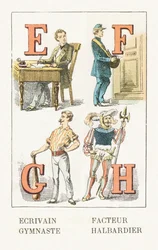 E-ライター; F-ファクター; G-体操選手; H-Halberdier-幼稚なアルファベット、エディションGordinne 1920（彫刻）