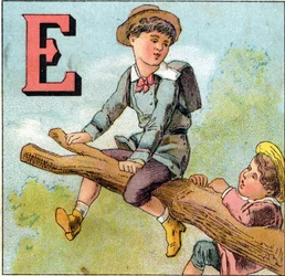 Eの文字：木の枝でバランスをとる少年。Alphabet des petits ecoliers "に掲載された彫刻。エピナルの映像、1885年頃。プリヴェ・コレクション